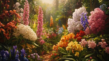 Lush garden path filled with vibrant colorful flowers in a sunlit forest.