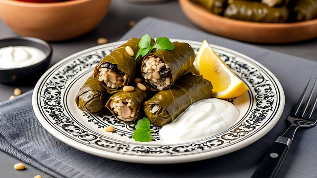 Still life, authentic Armenian mushroom dolma featuring grape leaves stuffed with a fragrant mixture of rice, mushrooms, herbs, pine nuts, with a wedge of lemon, yogurt sauce