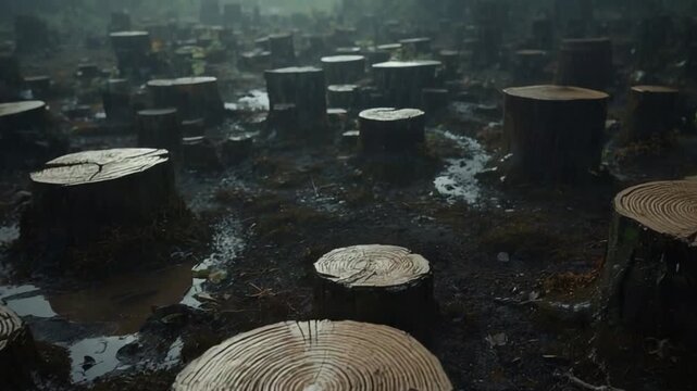 Tree Stumps Revealing the Aftermath of Deforestation

