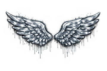 Silver angel wings design appearing like molten chrome or liquid metal with dripping effect on transparent background