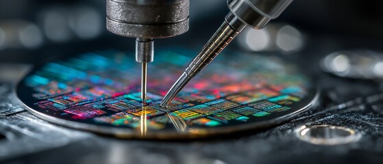 silicon wafer using needles for semiconductor testing on the probe station, looking at a microchip transistor sample