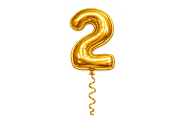 Gold balloon number 2 floating, symbolizing second anniversary, birthday, or important two-year event