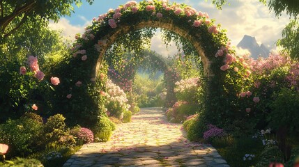 Stone archway covered in roses leads down a garden path.