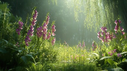 Lush forest scene with vibrant pink foxglove flowers in sunlight.
