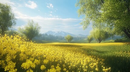 Vibrant yellow wildflowers bloom in a lush green meadow with distant mountains under a clear blue sky.