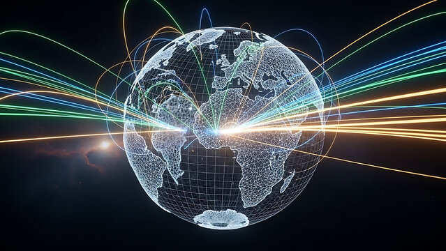 Fintech 3d data visualization of a glowing digital globe with colorful light streams radiating outwards, representing global financial connections. - Powered by Adobe
