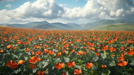 Vibrant field of orange poppies with rolling hills and cloudy sky.
