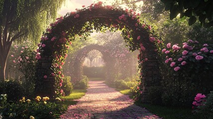 Enchanting garden path with rose-covered archway and lush greenery.