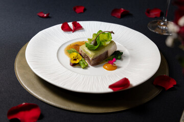 Elegant gourmet dish with vibrant presentation and artful arrangement, inviting a culinary experience