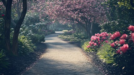 A winding path leads through a lush garden filled with blooming trees and vibrant flowers.