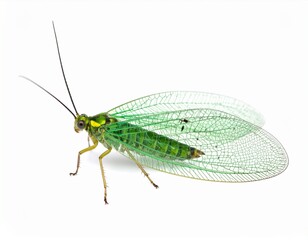 Close-up of a Delicate Green Lacewing Insect with Intricate Wing Details Isolated on White.