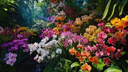 Vibrant orchid flowers bloom in a lush tropical garden.