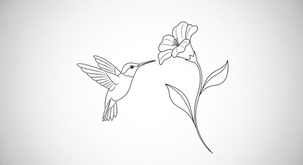Hummingbird Line Art Illustration With Extended Beak Approaching Lavender Flower by Emily Dickinson