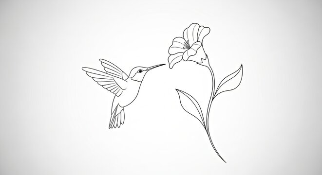 Hummingbird Line Art Illustration With Extended Beak Approaching Lavender Flower by Emily Dickinson - Powered by Adobe