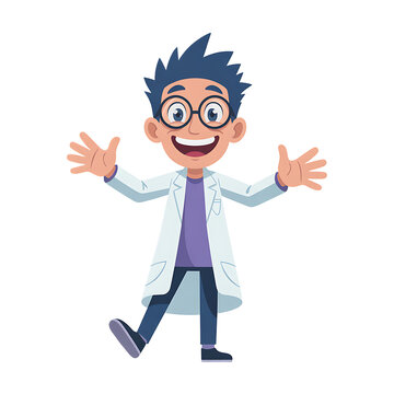 Cheerful young scientist celebrating success in lab coat and glasses transparent background