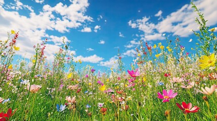Vibrant wildflower meadow under a bright blue sky with fluffy clouds.