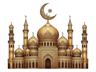 Golden mosque with crescent moon isolated on transparent background