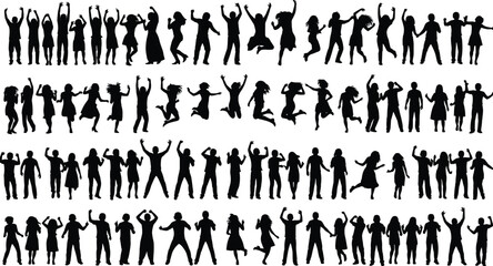 People silhouettes collection featuring diverse men and women jumping, dancing and celebrating together symbolizing joy, freedom, unity and social energy