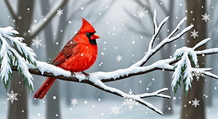 Red Cardinal Bird Perched on Snowy Branch in Winter Forest With Falling Snowflakes.jpg