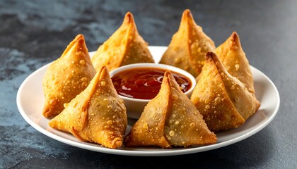 Delicious Samosas with Spicy Dipping Sauce on a White Plate.