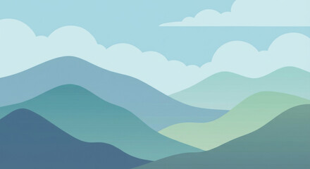 A minimalist landscape illustration featuring rolling hills and mountains under a soft blue sky with clouds