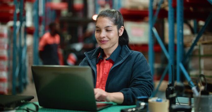 Logistics, woman and typing in warehouse with laptop for idea, shipping and distribution report. Happy, person and reading with computer in factory for operations email, supply chain review and plan.