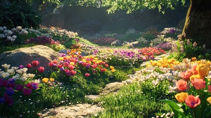Vibrant tulip field with a winding stone path and lush greenery.