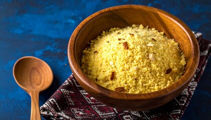 Couscous in a Wooden Bowl with Spoon on Blue Background.