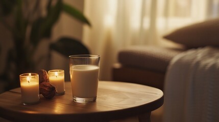 Serene meditation space with a glass of almond milk on a simple wooden table surrounded by candles and calming elements promoting mindfulness and relaxation in a tranquil environment