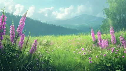Idyllic meadow with wildflowers and distant mountains under a cloudy sky.
