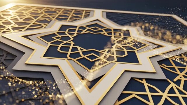 A luxurious 3d abstract rendering of a layered islamic geometric star pattern, highlighted by intricate golden borders and sparkling particles on a dark blue background.