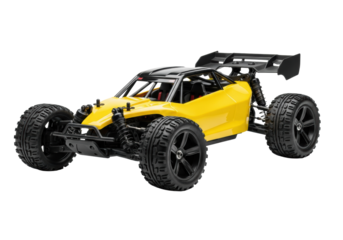 highly detailed 1:10 scale rc buggy car, glossy canary yellow chassis, matte black accents, aggressive off-road tires, isolated on a brilliant white studio background. concept for professional