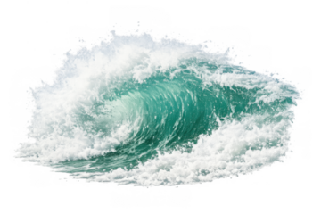 Powerful ocean wave curling, forming white foam and splashes in blue tropical water, transparent background