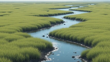 A coastal salt meadow landscape illustration background with narrow creeks and flat grass