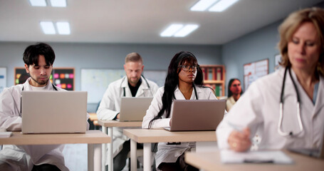 Obraz premium Diverse Medical Students Using Laptops To Learn Technology