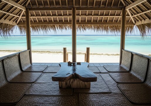 Interior of tropical beach hut with thatched roof and wooden table overlooking blue ocean