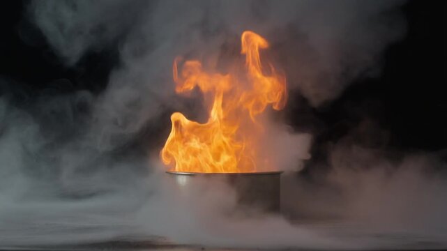 Mysterious white smoke swirls around a metal bowl as a vibrant orange flame erupts, creating
