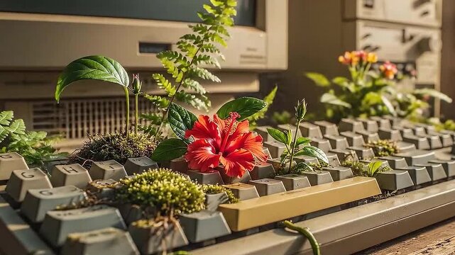 Vintage 90s Computer with Tropical Jungle Plants and Vines Growing Out of the Keyboard.