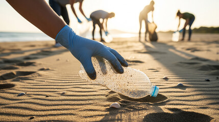 Protecting the Ocean: Volunteer Hand Picking Up Plastic Bottle from Beach Sand