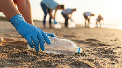 Volunteer Hand Picking Up Plastic Bottle During Sunset Beach Cleanup