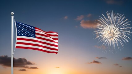 American flag waving with fireworks display at sunset