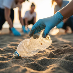 Protecting Our Oceans: Volunteer Hand Picking Up Plastic Bottle From Sand