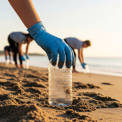 Protecting the Ocean: Volunteer Hand Collecting Plastic Waste on the Beach