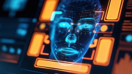 Futuristic digital face interface showcasing advanced AI technology for human recognition and interaction. - Powered by Adobe