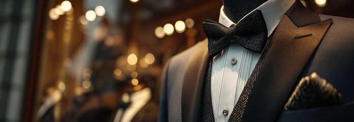 Mannequin in a shop wearing a tuxedo and bow tie