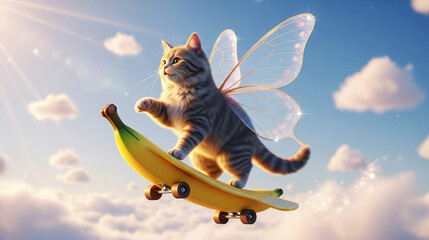 Whimsical Adventure: Fairy Cat Surfing on a Banana Skateboard in the Sunny Sky