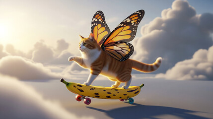Whimsical Cat with Butterfly Wings Skateboarding on a Banana in the Sky