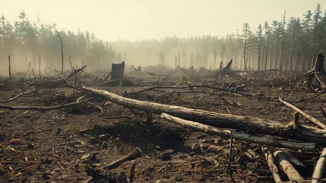 Clear Cut Forest Showing Widespread Deforestation Damage
