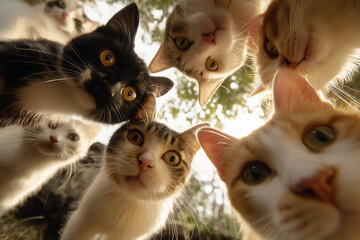 カメラを見下ろす多数の猫