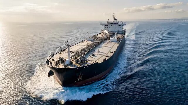 Aerial drone view of a modern oil tanker ship sailing in the deep blue ocean. Symmetrical shot of a large cargo vessel with a foaming bow wave. Maritime transport and global trade concept